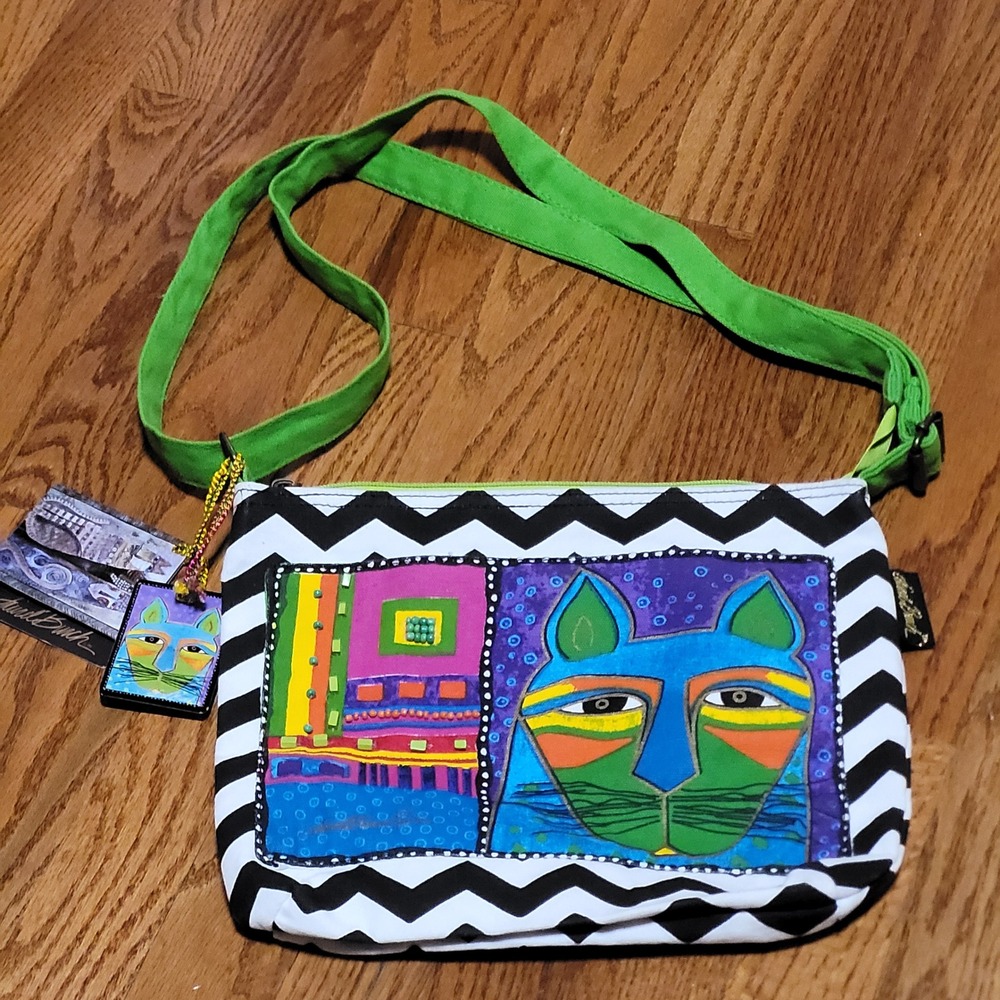 Laurel Burch Whimsical Cat Crossbody Bag Chevron Canvas Shoulder Purse‎ new